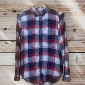 American Eagle Red White & Blue Long Sleeve Button Up Flannel Shirt Woman’s Sz S